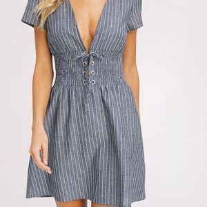 Blue and white cinched dress